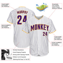 Charger l'image dans la galerie, Custom White Purple Pinstripe Purple-Gold Authentic Baseball Jersey
