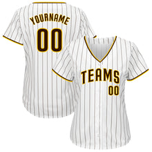 Load image into Gallery viewer, Custom White Brown Pinstripe Brown-Gold Authentic Baseball Jersey