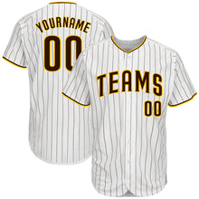 Load image into Gallery viewer, Custom White Brown Pinstripe Brown-Gold Authentic Baseball Jersey