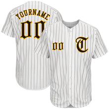 Charger l'image dans la galerie, Custom White Brown Pinstripe Brown-Gold Authentic Baseball Jersey