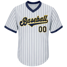 Загрузить изображение в средство просмотра галереи, Custom White Navy Pinstripe Navy-Gold Authentic Throwback Rib-Knit Baseball Jersey Shirt