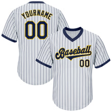 Загрузить изображение в средство просмотра галереи, Custom White Navy Pinstripe Navy-Gold Authentic Throwback Rib-Knit Baseball Jersey Shirt
