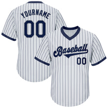 Загрузить изображение в средство просмотра галереи, Custom White Navy Pinstripe Navy-Gray Authentic Throwback Rib-Knit Baseball Jersey Shirt