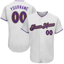 Laden Sie das Bild in den Galerie-Viewer, Custom White Purple-Old Gold Authentic Baseball Jersey
