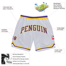 Laden Sie das Bild in den Galerie-Viewer, Custom White Purple-Gold Authentic Throwback Basketball Shorts