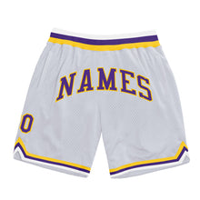 Laden Sie das Bild in den Galerie-Viewer, Custom White Purple-Gold Authentic Throwback Basketball Shorts