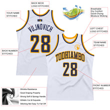 Загрузить изображение в средство просмотра галереи, Custom White Navy-Gold Authentic Throwback Basketball Jersey