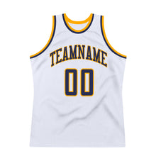 Загрузить изображение в средство просмотра галереи, Custom White Navy-Gold Authentic Throwback Basketball Jersey