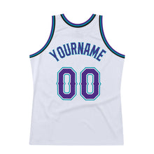 Load image into Gallery viewer, Custom White Purple-Teal Authentic Throwback Basketball Jersey