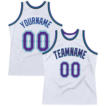 Load image into Gallery viewer, Custom White Purple-Teal Authentic Throwback Basketball Jersey