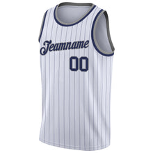 Load image into Gallery viewer, Custom White Navy Pinstripe Navy-Gray Authentic Basketball Jersey