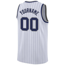 Load image into Gallery viewer, Custom White Navy Pinstripe Navy-Gray Authentic Basketball Jersey