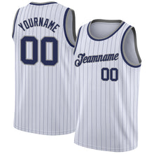 Load image into Gallery viewer, Custom White Navy Pinstripe Navy-Gray Authentic Basketball Jersey