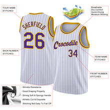 Laden Sie das Bild in den Galerie-Viewer, Custom White Purple Pinstripe Purple-Gold Authentic Basketball Jersey