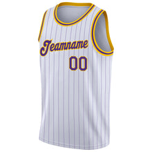 Laden Sie das Bild in den Galerie-Viewer, Custom White Purple Pinstripe Purple-Gold Authentic Basketball Jersey
