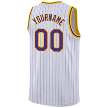 Laden Sie das Bild in den Galerie-Viewer, Custom White Purple Pinstripe Purple-Gold Authentic Basketball Jersey