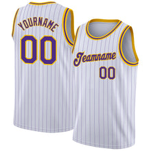 Laden Sie das Bild in den Galerie-Viewer, Custom White Purple Pinstripe Purple-Gold Authentic Basketball Jersey
