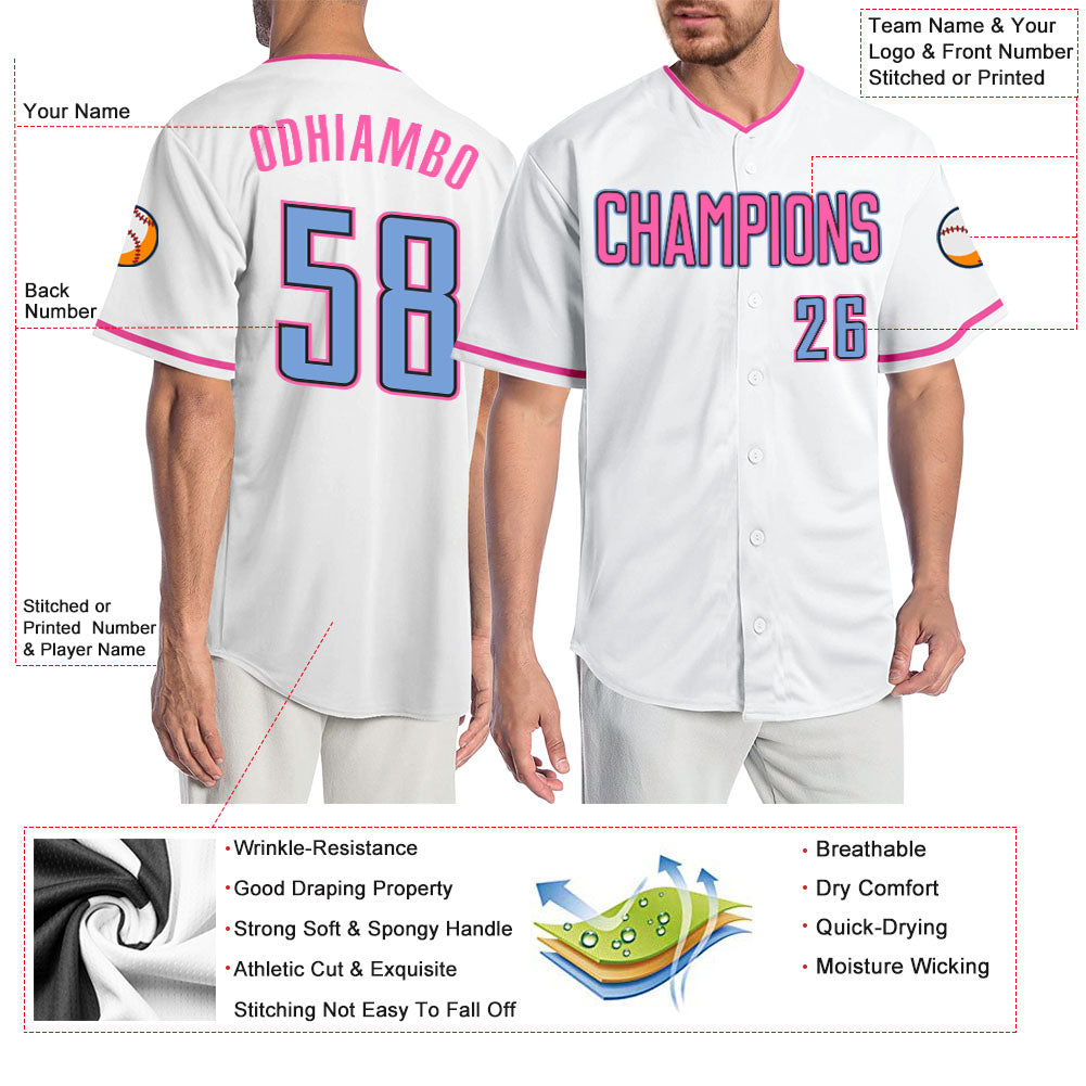 Custom White Light Blue-Pink Authentic Baseball Jersey