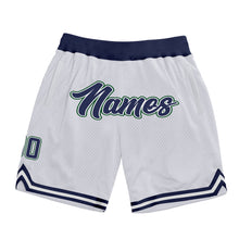 Загрузить изображение в средство просмотра галереи, Custom White Navy-Hunter Green Authentic Throwback Basketball Shorts