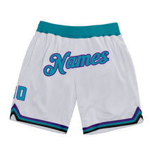 Load image into Gallery viewer, Custom White Teal-Purple Authentic Throwback Basketball Shorts