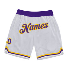Load image into Gallery viewer, Custom White Purple-Gold Authentic Throwback Basketball Shorts