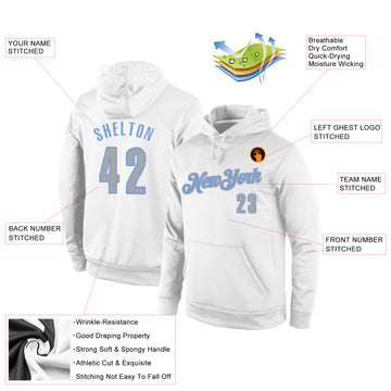 Custom Stitched White Gray-Light Blue Sports Pullover Sweatshirt Hoodie