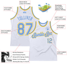 Load image into Gallery viewer, Custom White Light Blue-Gold Authentic Throwback Basketball Jersey