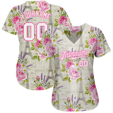 Laden Sie das Bild in den Galerie-Viewer, Custom White White-Pink 3D Pattern Design Floral Pattern With The Eiffel Tower Authentic Baseball Jersey
