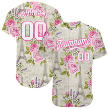 Laden Sie das Bild in den Galerie-Viewer, Custom White White-Pink 3D Pattern Design Floral Pattern With The Eiffel Tower Authentic Baseball Jersey