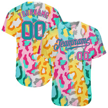Laden Sie das Bild in den Galerie-Viewer, Custom White Teal-Pink 3D Pattern Design Leopard Authentic Baseball Jersey
