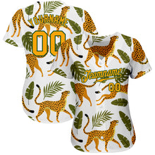 Laden Sie das Bild in den Galerie-Viewer, Custom White Gold-Green 3D Pattern Design Leopards And Tropical Palm Leaves Authentic Baseball Jersey