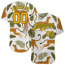 Laden Sie das Bild in den Galerie-Viewer, Custom White Gold-Green 3D Pattern Design Leopards And Tropical Palm Leaves Authentic Baseball Jersey