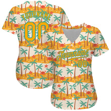 Laden Sie das Bild in den Galerie-Viewer, Custom White Gold-Teal 3D Pattern Design Hawaii Palm Trees Authentic Baseball Jersey