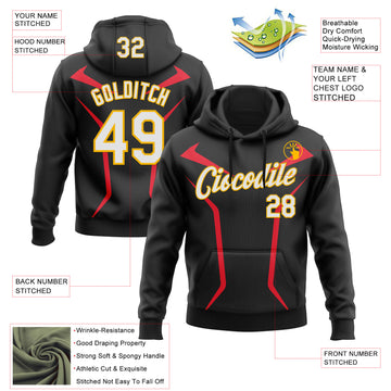 Custom Stitched Black White Red-Gold 3D Pattern Design Sportswear Pullover Sweatshirt Hoodie