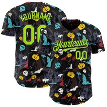 Загрузить изображение в средство просмотра галереи, Custom Black Neon Green 3D Halloween Skull Pumpkin Doodle Party Costume Ideas Authentic Baseball Jersey
