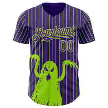 Laden Sie das Bild in den Galerie-Viewer, Custom Purple Neon Green Pinstripe Neon Green 3D Halloween Spooky Party Costume Ideas Authentic Baseball Jersey
