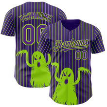 Laden Sie das Bild in den Galerie-Viewer, Custom Purple Neon Green Pinstripe Neon Green 3D Halloween Spooky Party Costume Ideas Authentic Baseball Jersey
