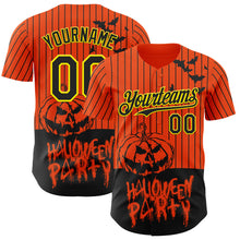 Load image into Gallery viewer, Custom Orange Black Pinstripe Light Yellow 3D Halloween Pumpkin Party Costume Ideas Authentic Baseball Jersey
