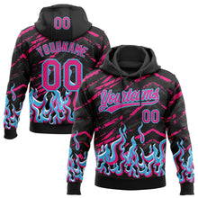 Load image into Gallery viewer, Custom Stitched Black Hot Pink-Sky Blue 3D Pattern Design Flame Sports Pullover Sweatshirt Hoodie
