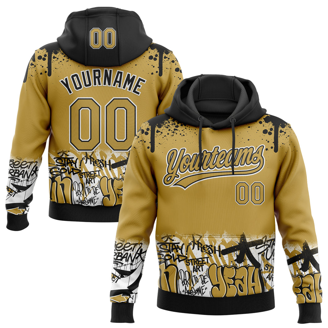 Custom Stitched Old Gold Black-White 3D Graffiti Splash Street Art Sports Pullover Sweatshirt Hoodie