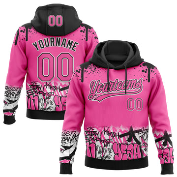 Custom Stitched Pink Black-White 3D Graffiti Splash Street Art Sports Pullover Sweatshirt Hoodie