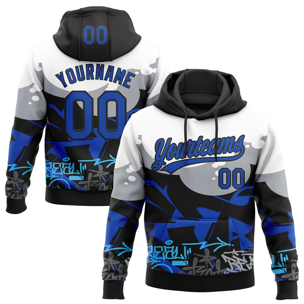 Custom Stitched Black Thunder Blue Gray-White 3D Graffiti Splash Street Art Sports Pullover Sweatshirt Hoodie