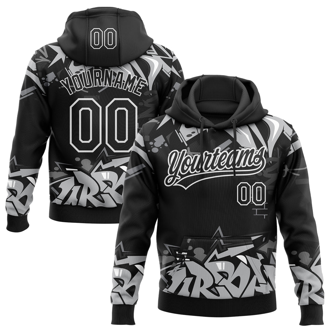 Custom Stitched Black Gray-White 3D Graffiti Splash Street Art Sports Pullover Sweatshirt Hoodie