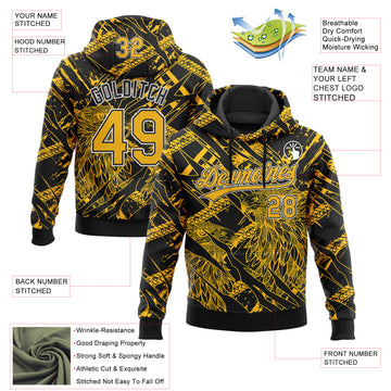 Custom Stitched Black Gold-White 3D Pattern Design Animal Eagle Sports Pullover Sweatshirt Hoodie