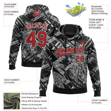 Custom Stitched Black Red Gray-White 3D Pattern Design Animal Eagle Sports Pullover Sweatshirt Hoodie