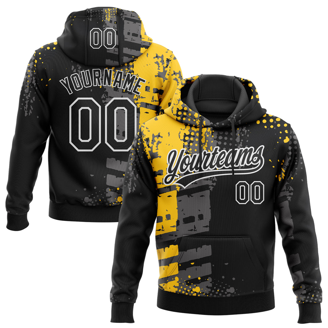 Custom Stitched Black Yellow Gray-White 3D Pattern Design Splash Sports Pullover Sweatshirt Hoodie