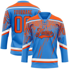 Загрузить изображение в средство просмотра галереи, Custom Powder Blue Orange Navy-White 3D Splash Hockey Lace Neck Jersey
