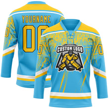Charger l&#39;image dans la galerie, Custom Sky Blue Yellow Black-White 3D Splash Hockey Lace Neck Jersey
