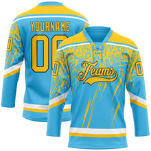 Charger l&#39;image dans la galerie, Custom Sky Blue Yellow Black-White 3D Splash Hockey Lace Neck Jersey
