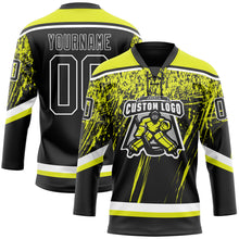 Load image into Gallery viewer, Custom Black Neon Yellow-White 3D Splash Hockey Lace Neck Jersey
